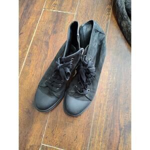 Eileen Fisher Black Leather Lace Up Ankle Boots Women's 7.5 Side Zip Chunky